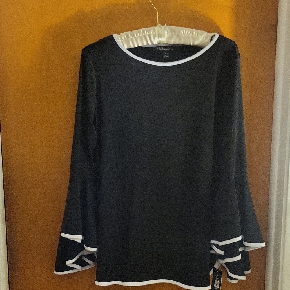 Prelude Black Top with White Trim and Bell Sleeves